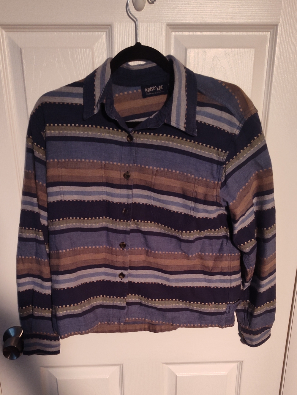 krazy kat Striped Button-Front Jean Jacket in Blue, Brown & Navy